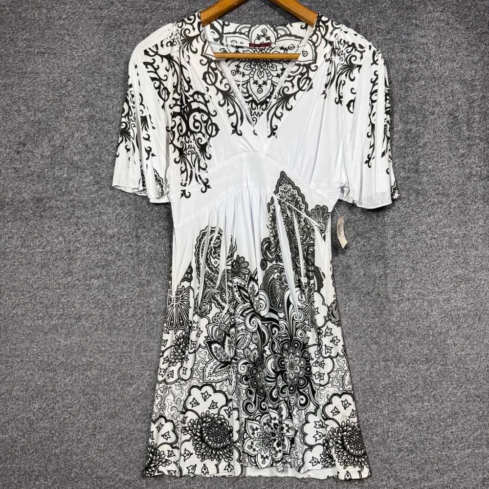 Fashion Magazine Womens Black White Paisley Floral Empire Waist Mini Dress L NWT